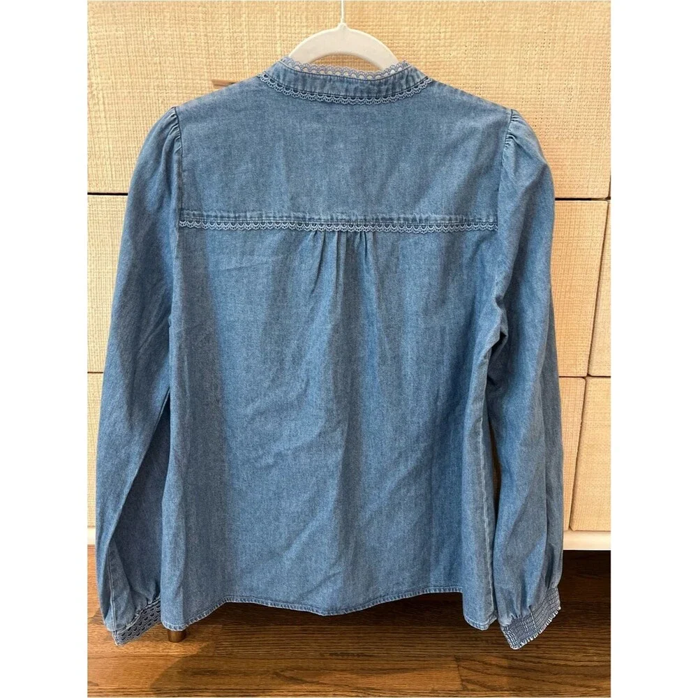 Boden Rhea Trim Insert Denim Button Up Top Blouse Light Vintage Sz 6